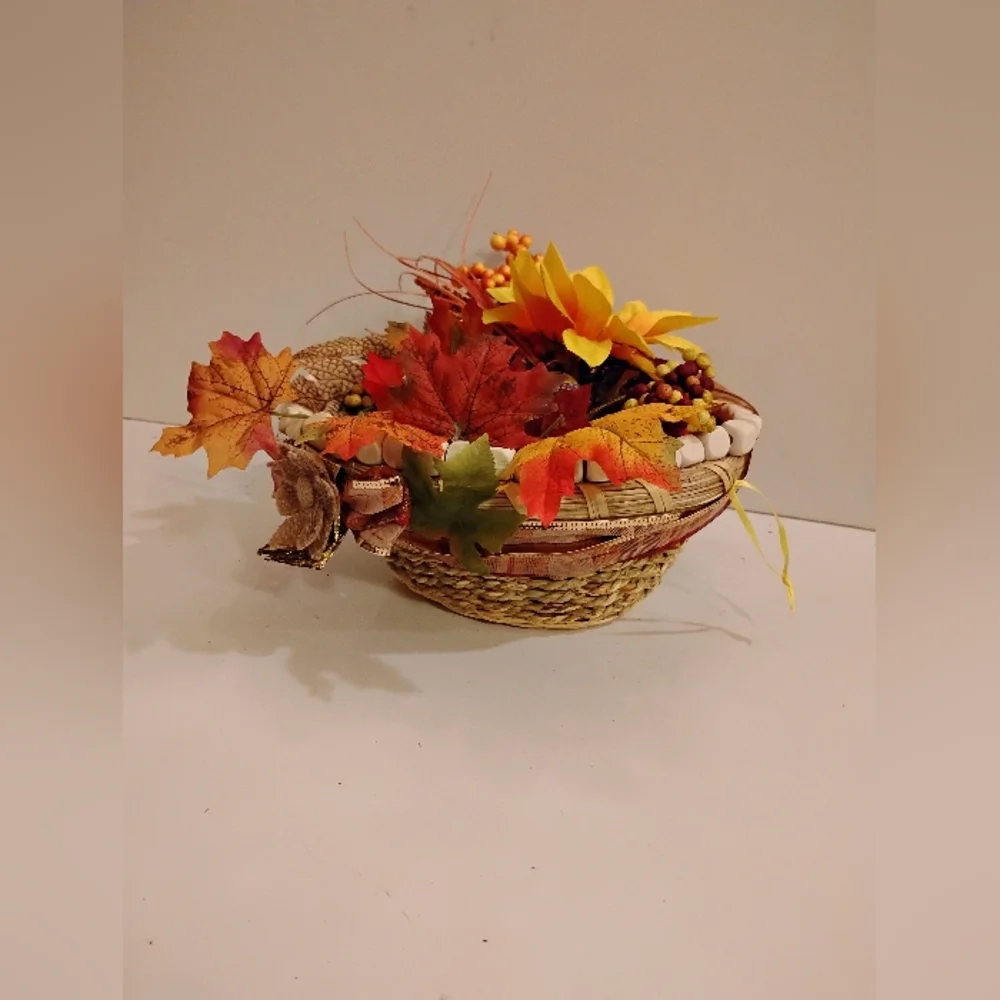 Autumn Harvest Floral Berries Leaves Small Basket Mixed Media Homemade Accents